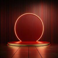 Red neon circle on a stage with a wooden wall photo