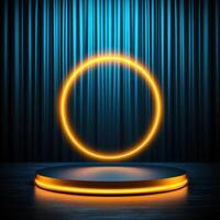 A neon ring on a stage with a curtain photo