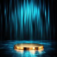 Gold podium with blue lights on a dark background photo