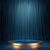 Gold podium with blue curtain background photo