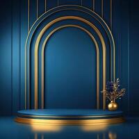 An empty stage with a gold arch and blue walls photo