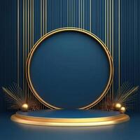 Golden round stage with a golden frame and a blue background photo