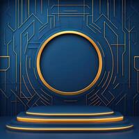 An abstract blue background with a podium and a gold circle photo