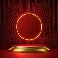 Red neon lights on a podium with a red background photo