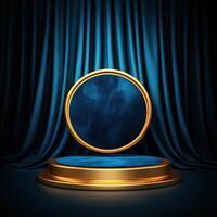Golden podium with blue curtain on a dark background photo