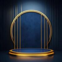 Golden podium with blue background and gold trim photo
