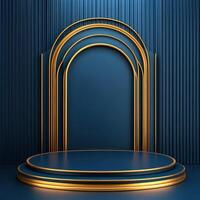 An empty stage with a golden arch photo