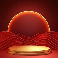 Red and gold podium with a sunset in the background photo