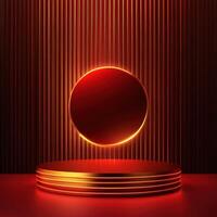 Red and gold podium with a round light on top photo
