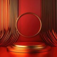 Red background with a podium and a round circle photo