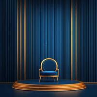 A blue chair in front of a stage with gold curtains photo