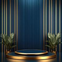 Golden stage with a podium and plants on a blue background photo