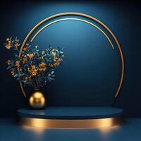 3d rendering of a vase with flowers on a blue background photo