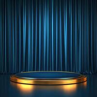 Blue stage with a podium and blue curtains photo