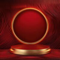 Red round podium with gold frame on red background photo