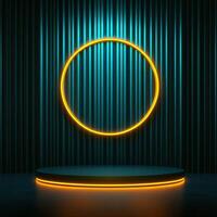 3d rendering of neon circle on stage with blue background photo