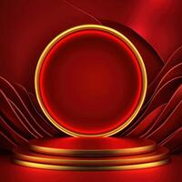 Red background with a podium and a red circle photo