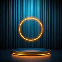 A neon ring on a stage with a blue curtain photo