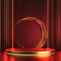 Red and gold podium with a round table and red lights photo