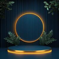 3d rendering of a neon circle on a stage with leaves photo