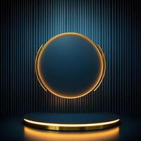 3d rendering of a round gold podium with a neon light photo