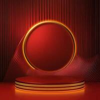 Red and gold podium with a round light on it photo