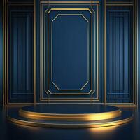 Golden stage with a podium and a blue wall photo