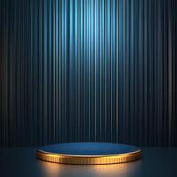 3d render of podium with blue background and gold lights photo