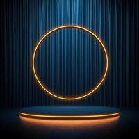 Neon circle on stage with blue curtain photo