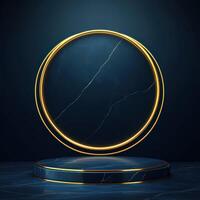 Golden circle on marble pedestal with dark background photo