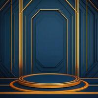 An abstract blue and gold background with a round podium photo