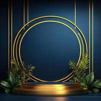 Golden frame with plants on a blue background photo