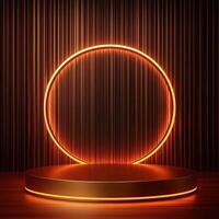 3d rendering of a neon circle on a wooden pedestal photo