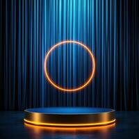 An empty stage with a spotlight and a blue curtain photo