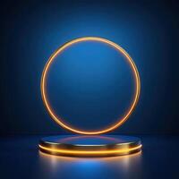 3d rendering of a neon circle on a pedestal photo