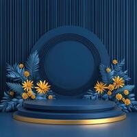 3d render of a blue podium with flowers and leaves photo