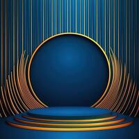 An abstract blue and gold stage with a circular stage photo