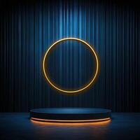 A neon circle on a stage with a blue curtain photo