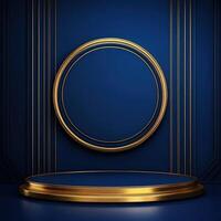 Golden round podium with blue background and gold trim photo