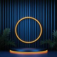 Neon circle with palm leaves and stage background photo