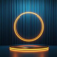 Neon glowing circle on a podium with blue curtain photo