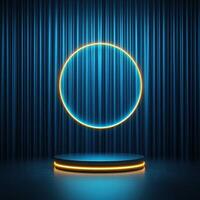 3d rendering of a neon circle on a stage with a spotlight photo