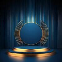 Gold podium with blue background and gold stripes photo