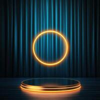 A stage with a neon ring on it photo