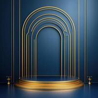 Golden stage with a golden arch and a podium photo