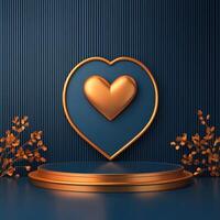 A golden heart on a pedestal with flowers on a blue background photo