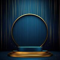 Golden podium with blue background and gold stripes photo
