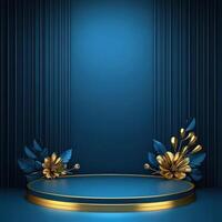 Blue background with gold flowers and a podium photo