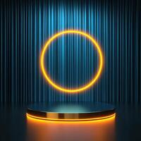 A neon ring on a podium with a blue curtain photo
