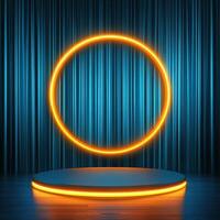 Neon ring on stage with blue curtain photo